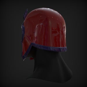 Peut inclure: Un casque rouge et violet au design futuriste et &eacute;l&eacute;gant. Le casque a une finition lisse et brillante et un d&eacute;tail d&eacute;coratif sur&eacute;lev&eacute; sur le dessus.