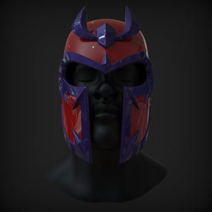 Peut inclure: Un casque rouge et violet avec une couronne pointue et un masque facial. Le casque a une surface textur&eacute;e et une finition brillante.