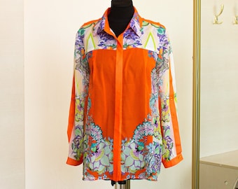 Chemisier transparent soie été surdimensionné chemise orange fait main L XL bohème imprimé floral printemps femme naturelle chemisier en soie manches boutonnées élégantes
