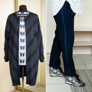 Damen Anzug Set marineblauer Seidenanzug, Seidenbluse, Seidenhose, Mohair Cardigan, Hosenanzug Damen Seidenanzug, zweiteiliges Set Damen