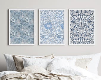 William Morris Set of 3 Posters, Blue Botanical Print, Sunflower, Pink Rose, Thistle, Art Nouveau, Arts and Crafts, Botanical Prints