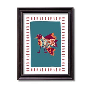 Whimsical Bird Art Print, Modern Folk Decor, Boho Floral Art, Digital Download