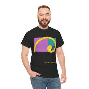 May include: Black t-shirt with a geometric design in purple, teal, and yellow, featuring a spiral. The text is in yellow. The shirt is made of a soft material and is suitable for casual wear.