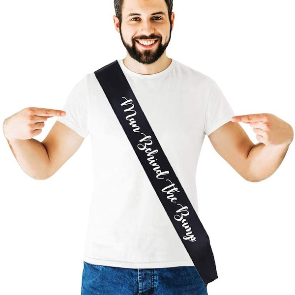Father to Be Sash "Man Behind The Bump" Funny Baby Shower Sash for Daddy to Be, (Black w/White Lettering) Baby Shower Party Decorations