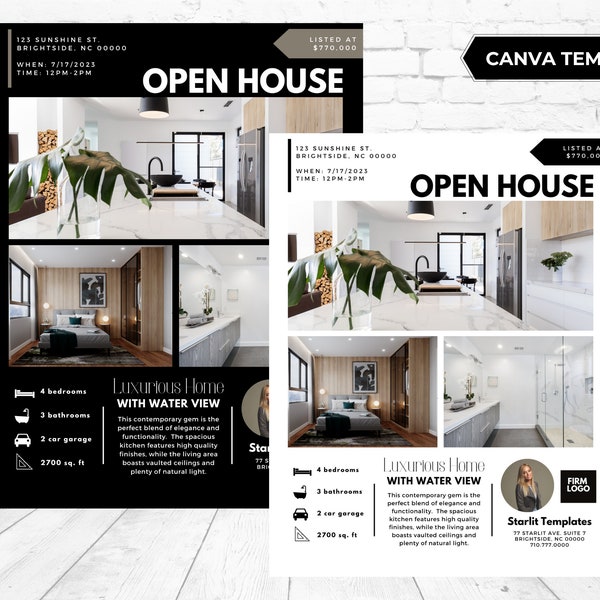Open House, Real Estate Flyer Template, Minimalistic, Black Open House Flyer, Contemporary Design, Canva Template, Instant Download