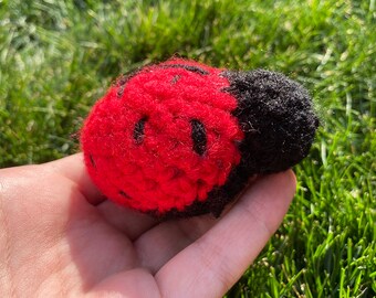 May include: A red and black crocheted ladybug toy. The ladybug is made of yarn and has black spots on its red body. The ladybug is lying on its back.