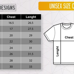 May include: Unisex size chart for t-shirts with measurements in inches for chest and length. Sizes include XS, S, M, L, XL, 2XL, 3XL, and 4XL.