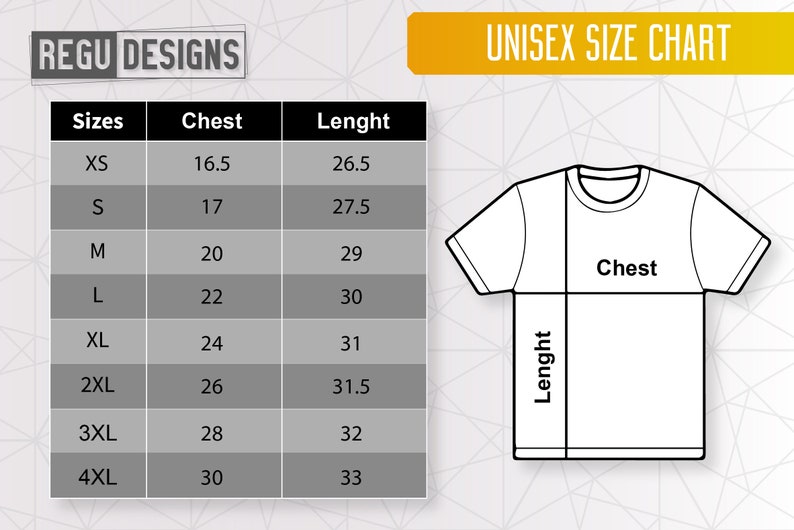 May include: Unisex size chart for t-shirts with measurements in inches for chest and length. Sizes include XS, S, M, L, XL, 2XL, 3XL, and 4XL.