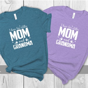 May include: Two t-shirts with the text "I have two titles MOM and GRANDMA" printed on them. The shirt on the left is teal and the shirt on the right is lilac.
