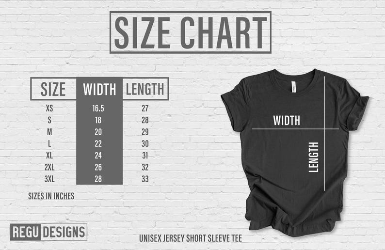 May include: A black unisex jersey short sleeve tee shirt with a size chart. The chart shows sizes XS to 3XL with width measurements from 16.5 to 28 inches and lengths from 27 to 33 inches.