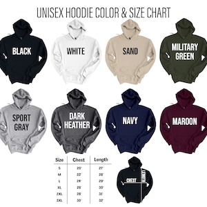 Puede incluir: Tabla de tallas para sudadera unisex con opciones de color. La tabla muestra la sudadera en 10 colores diferentes: negro, blanco, arena, verde militar, gris deportivo, gris oscuro jaspeado, azul marino, granate, y dos colores m&aacute;s. La tabla tambi&eacute;n muestra las medidas de pecho y largo para cada talla: S, M, L, XL, 2XL y 3XL.