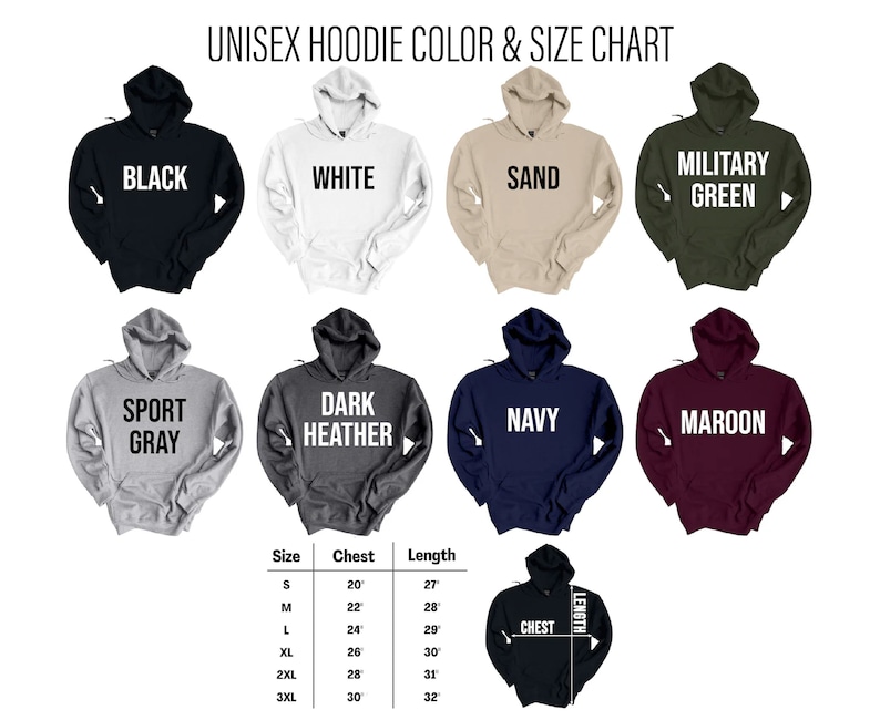 Puede incluir: Tabla de tallas para sudadera unisex con opciones de color. La tabla muestra la sudadera en 10 colores diferentes: negro, blanco, arena, verde militar, gris deportivo, gris oscuro jaspeado, azul marino, granate, y dos colores m&aacute;s. La tabla tambi&eacute;n muestra las medidas de pecho y largo para cada talla: S, M, L, XL, 2XL y 3XL.