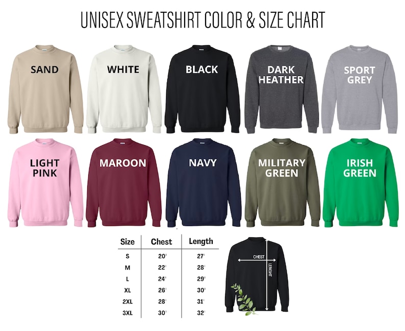 Puede incluir: Tabla de tallas para sudadera unisex con diferentes opciones de color. La tabla muestra las tallas de la S a la 3XL con las medidas de pecho y longitud correspondientes en pulgadas. Los colores incluyen arena, blanco, negro, gris oscuro jaspeado, gris deportivo, rosa claro, granate, azul marino, verde militar y verde irland&eacute;s.