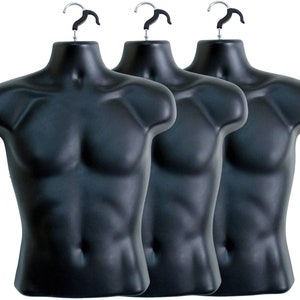 3 Pack Male Mannequin Torso, Dress Form Hollow Back Body & Hanging Kook, T Shirt Display, for Small - Medium Sizes (Black)