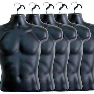 5 Pack Male Mannequin Torso, Dress Form Hollow Back Body & Hanging Kook, T Shirt Display, for Small - Medium Sizes (Black)