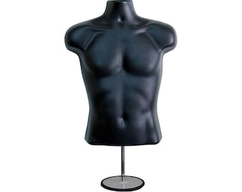 Male Mannequin Torso with Stand Dress Form Tshirt Display Countertop Hollow Back Body S-M Clothing Sizes Black