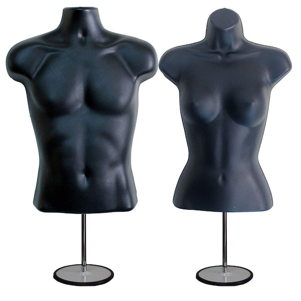 Mannequin Forms Male and Female Torso with Metal Stand and Hook, Waist Long, Black