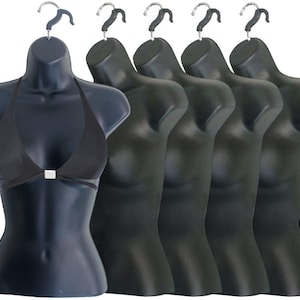 5 Pack Female Mannequin Torso Waist Long Hollow Back Body Torso Dress Form & Hanging Hook, S-M Sizes (5) Black