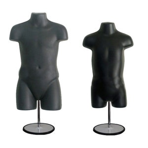 Black Child Mannequin Torso &  Toddler Mannequin Forms Set with Metal Stands for Table Top or Hanging