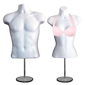 White Male + Female Mannequin Torso Set, Dress Form Hollow Back Body T-Shirt Display, w/Metal Stand for Counter Top