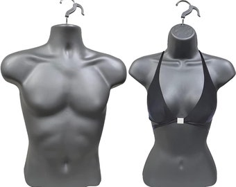 Gray Male + Gray Female Mannequin Injection Forms Half Rounded Waist Body Torso Dress Form with Only Hanging Hook, S-M Sizes