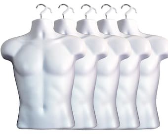 White Male Mannequin Hollow Back Body Torso Dress Form & Hanging Hook, S-M Sizes (5 Pack, White)