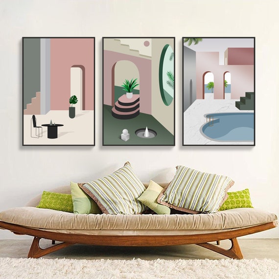 Set of 3 Modern geometry Wall Art Morandi art pink and green Etsy