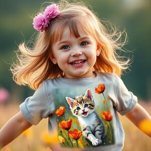 May include: A smiling child with flowing blonde hair and a pink flower hair accessory. The child wears a light gray t-shirt featuring a kitten and red flowers. The background is a blurred field of flowers.
