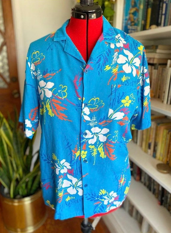 Vintage 90s teal neon Hawaiian shirt
