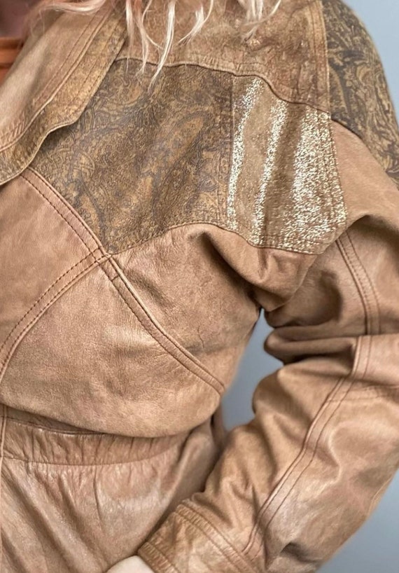 Vintage 80s brown leather jacket with printed sued