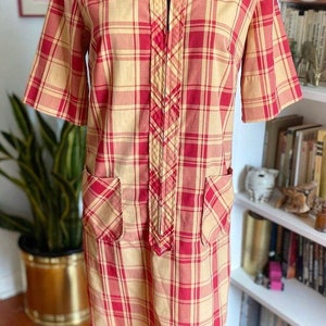 Vintage 1970s straw yellow and red plaid shirt dress/tunic by Sears Fashions