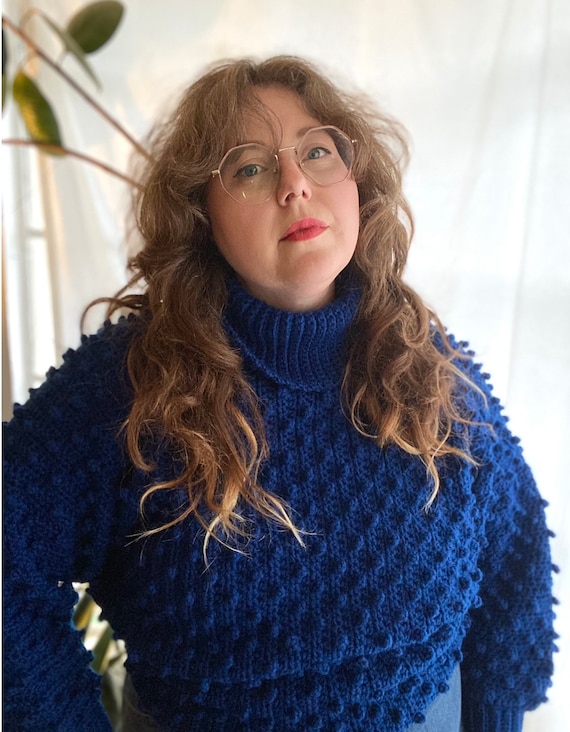 Homemade 70s cobalt blue bobble knit turtleneck