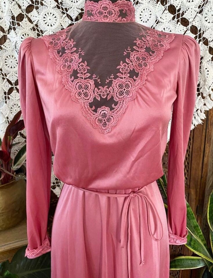 Vintage 70s Pink Rose Maxi Dress: Victorian Lace Neck, Fitted Waist Vintage 70s Pink Rose Maxi Dress: Victorian Lace Neck, Fitted Waist