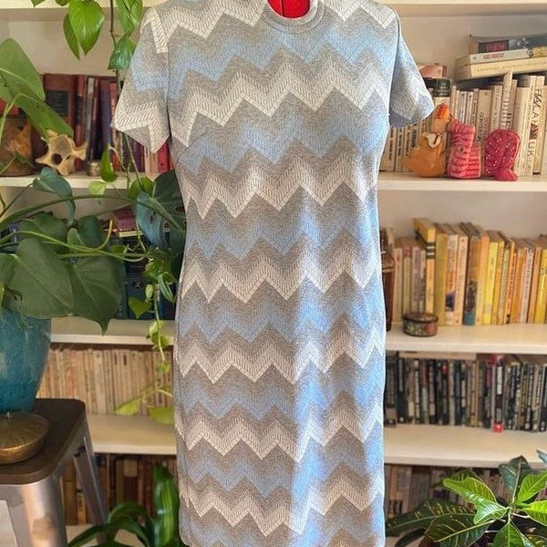 Vestido vintage de chevron de los años 70, tejido de poliéster, talla L