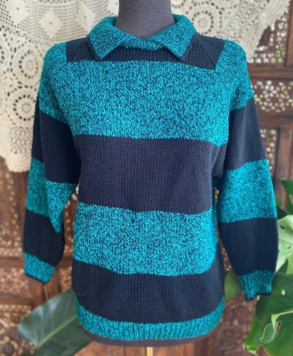 Vintage 80s teal and black knit pullover by Ricki:
