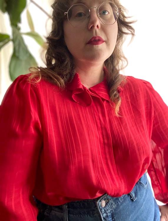 Vintage 80s red sheer button up blouse by La Blou… - image 3