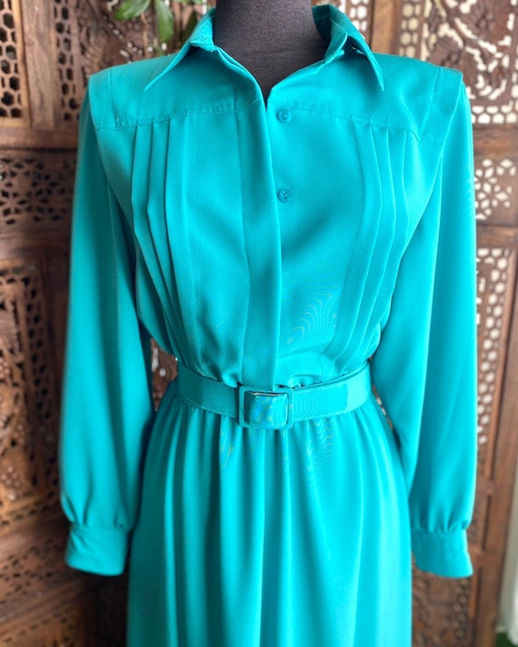 Vintage 70s lightweight teal dress with matching b