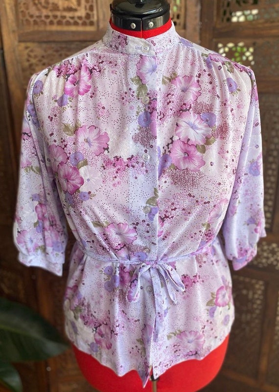 Vintage 70s  semi-sheer purple floral top with ma… - image 1