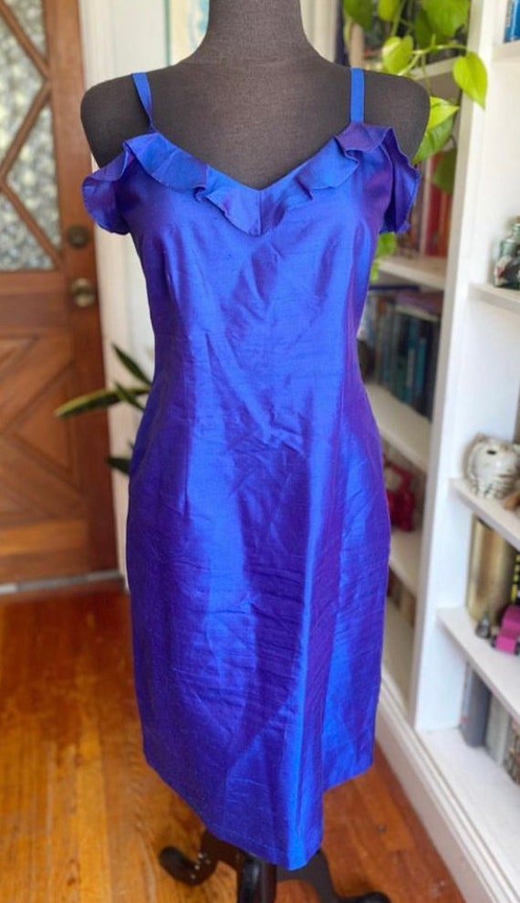 Vintage 90s iridescent blue silk mini dress with p