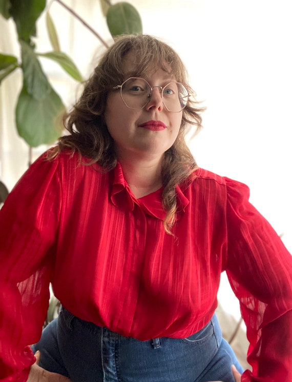 Vintage 80s red sheer button up blouse by La Blou… - image 1