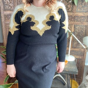 Vintage 80s/90s black, white and gold glam knit sweater by Petite Sophisticate