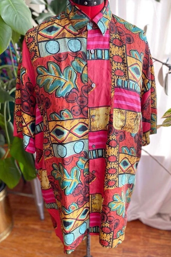Stunning 90s colorful silk button up by Robert Sto
