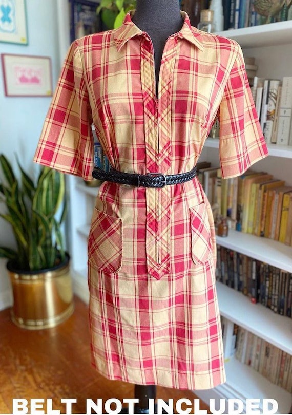 Vintage 1970s straw yellow and red plaid shirt dr… - image 5
