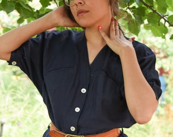 Vestido azul marino ligero vintage de los años 80 y 90 del diseñador Portara by Bruestle