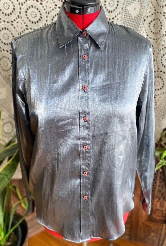 Vintage silver button up blouse by Yves St Clair - image 2