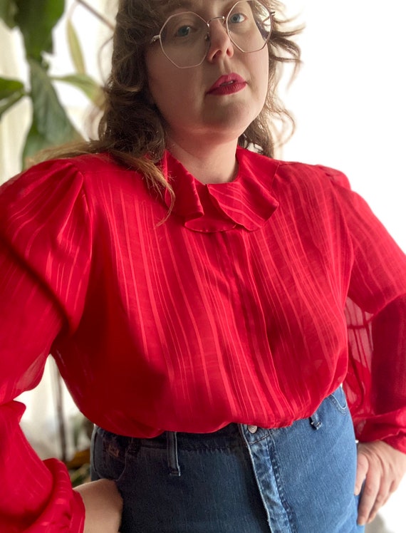 Vintage 80s red sheer button up blouse by La Blou… - image 4