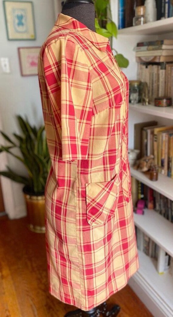 Vintage 1970s straw yellow and red plaid shirt dr… - image 2