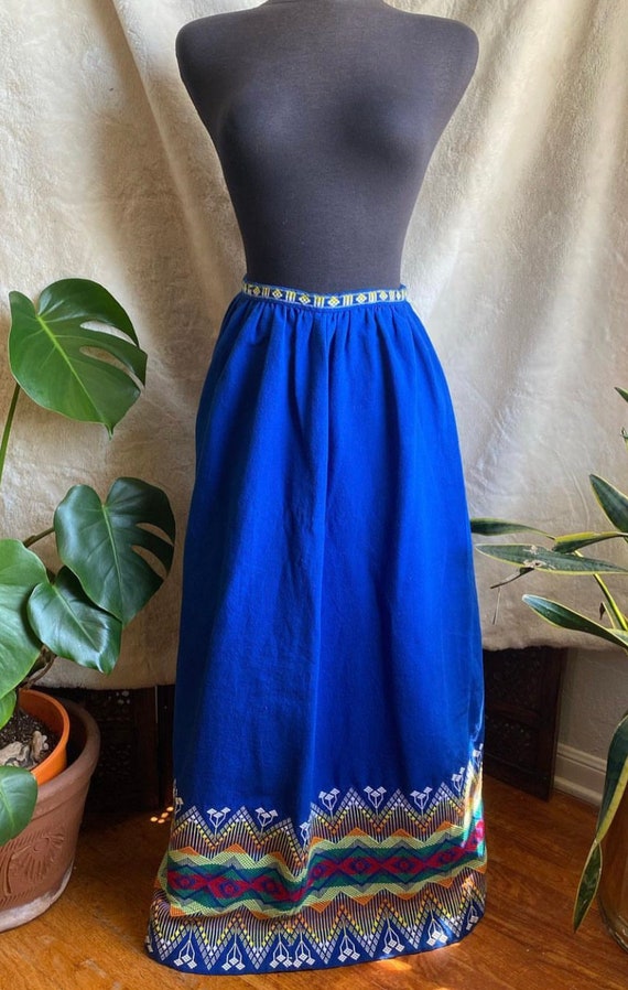 Vintage 70s true blue maxi skirt with ornate embro