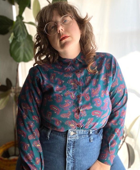 Vintage 80s forest green paisley printed button up