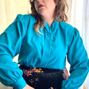 Vintage 90s Teal Blouse: High Neck, Shoulder Pads, Size L-XL
